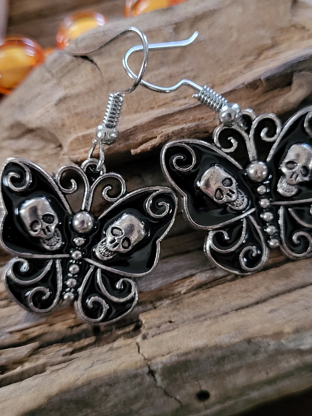 Silver & Black Skull Butterfly Dangle Earrings - Only One Pair